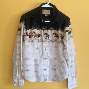 Bit & Bridle Horse Print Button Down. Size Medium.